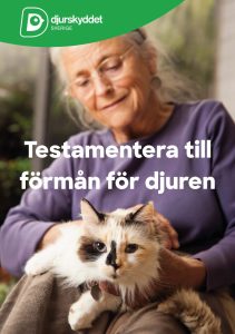 Framsida till testamentesbroschyren. En äldre kvinna med en katt i knäet